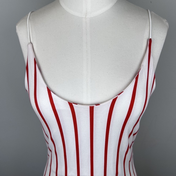 ON THRED UP - Gaze Red&White Striped Bodysuit Tank Rope Strap Double Lining - Picture 4 of 15